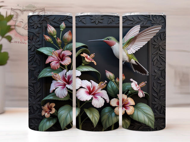 3D Hummingbird Tumbler, Pink Hibiscus Wrap, 20Oz Skinny Tumbler, White Floral Sublimation, Tropical Bird Design, Nature-Inspired Tumbler, Elegant Garden Wrap Sublimation Lara' s Designs 