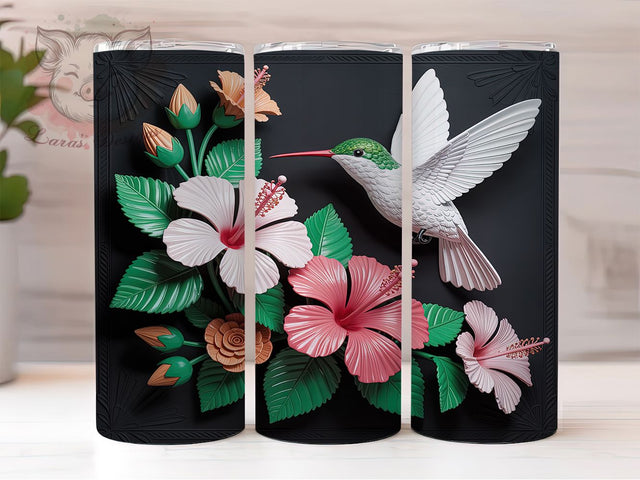 3D Hummingbird Tumbler, Pink Hibiscus Wrap, 20Oz Skinny Tumbler, White Floral Sublimation, Tropical Bird Design, Nature-Inspired Tumbler, Elegant Garden Wrap Sublimation Lara' s Designs 