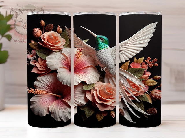 3D Hummingbird Tumbler, Pink Hibiscus Wrap, 20Oz Skinny Tumbler, White Floral Sublimation, Tropical Bird Design, Nature-Inspired Tumbler, Elegant Garden Wrap Sublimation Lara' s Designs 
