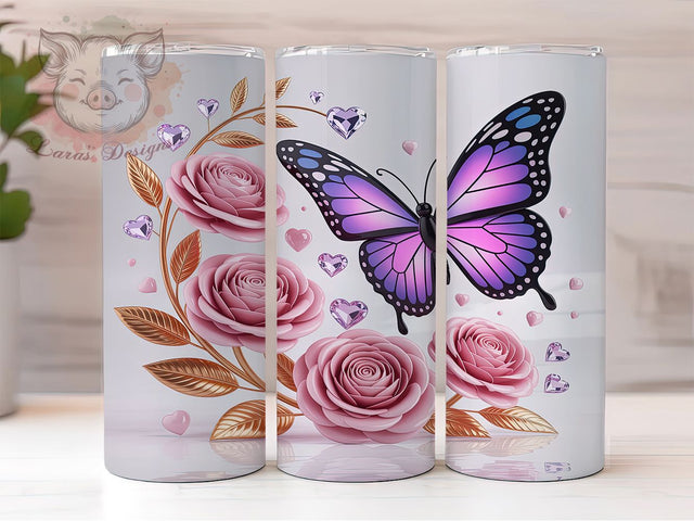 3D Inflated Butterfly Diamond Tumbler, Puffy Diamonds, 3D Wrap Design, Sublimation Tumbler, 20oz Skinny Cup, Nature Pattern, Seamless Drinkware Sublimation Lara' s Designs 