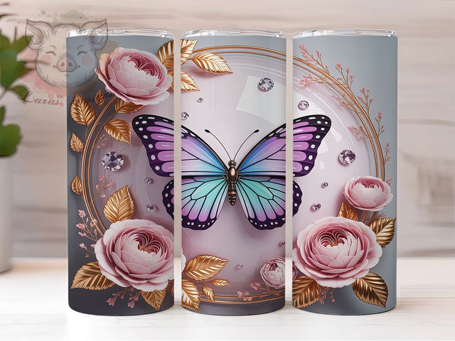 3D Inflated Butterfly Diamond Tumbler, Puffy Diamonds, 3D Wrap Design, Sublimation Tumbler, 20oz Skinny Cup, Nature Pattern, Seamless Drinkware Sublimation Lara' s Designs 