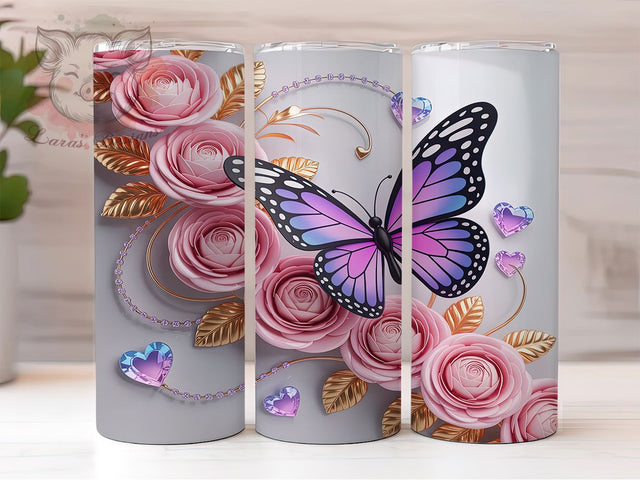 3D Inflated Butterfly Diamond Tumbler, Puffy Diamonds, 3D Wrap Design, Sublimation Tumbler, 20oz Skinny Cup, Nature Pattern, Seamless Drinkware Sublimation Lara' s Designs 