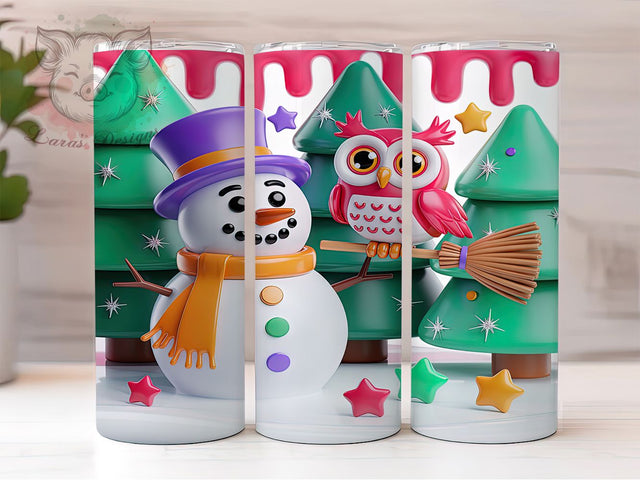 3D Inflated Christmas Owl Tumbler, Inflated Owl Wrap, Christmas Owl Sublimation, 20oz Snowman Tumbler, Festive Owl Art, Whimsical Holiday Mug, Seasonal Winter Cup Sublimation Lara' s Designs 