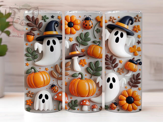 3D Inflated Floral Ghost Halloween Tumbler, Spooky Vibes Wrap, Inflated Ghost Design, Floral Halloween Tumbler, 20oz Sublimation Wrap, Cute Spooky Drinkware, Ghost Flower Tumbler Sublimation Lara' s Designs 