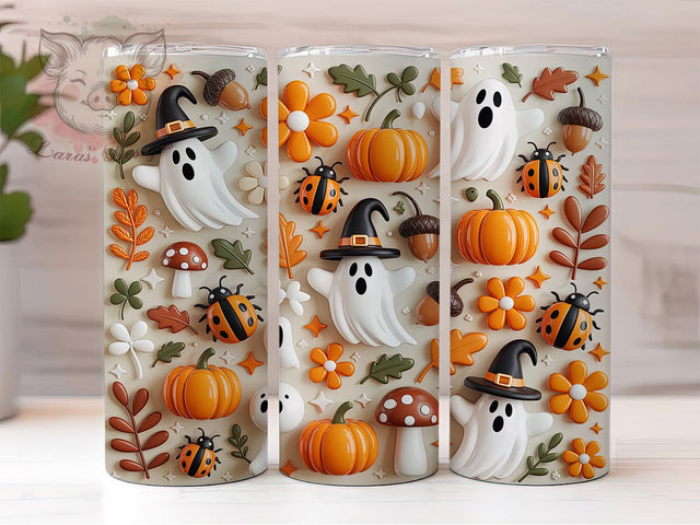3D Inflated Floral Ghost Halloween Tumbler, Spooky Vibes Wrap, Inflated Ghost Design, Floral Halloween Tumbler, 20oz Sublimation Wrap, Cute Spooky Drinkware, Ghost Flower Tumbler Sublimation Lara' s Designs 