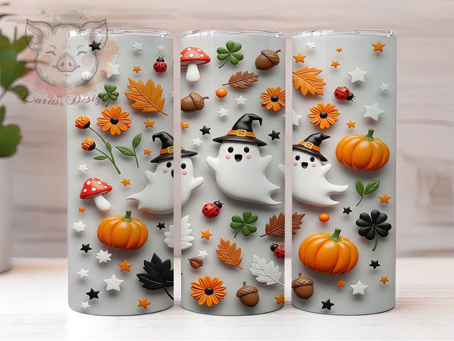 3D Inflated Floral Ghost Halloween Tumbler, Spooky Vibes Wrap, Inflated Ghost Design, Floral Halloween Tumbler, 20oz Sublimation Wrap, Cute Spooky Drinkware, Ghost Flower Tumbler Sublimation Lara' s Designs 