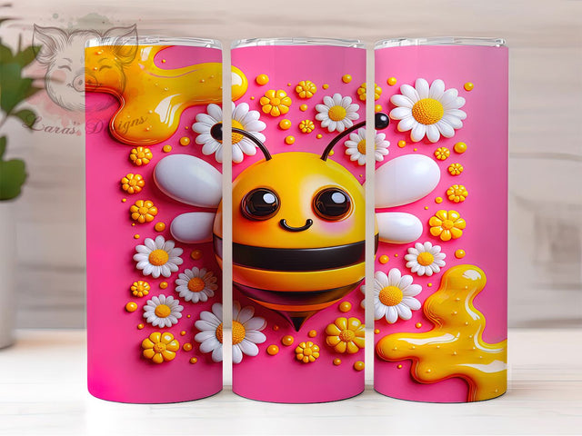 3D Inflated Pink Bee Pollinator Tumbler, Pink Bee Sublimation Wrap, 20Oz Sublimation Wrap, Bee Lover Drinkware, Inflated Bee Cup Design, Pink Pollinator Tumbler, Cute Bee Tumbler Sublimation Lara' s Designs 