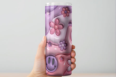 3D Inflated Puff Tumbler Wrap | 3D Floral Smiley PNG Sublimation B Renee Design 