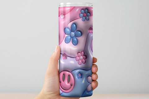 3D Inflated Puff Tumbler Wrap | 3D Floral Smiley PNG Sublimation B Renee Design 