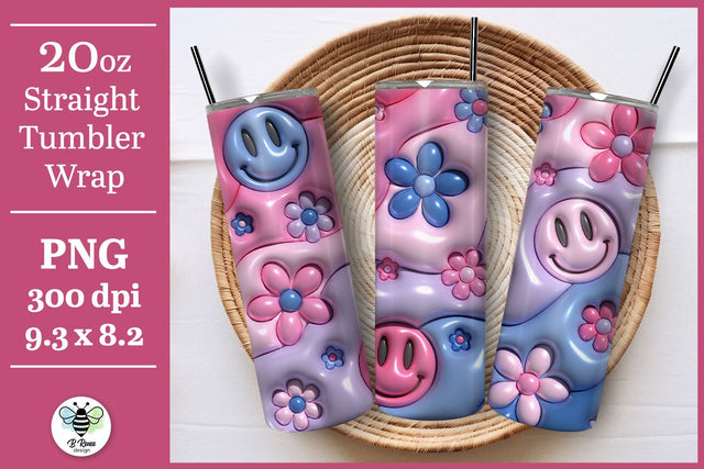 3D Inflated Puff Tumbler Wrap | 3D Floral Smiley PNG Sublimation B Renee Design 