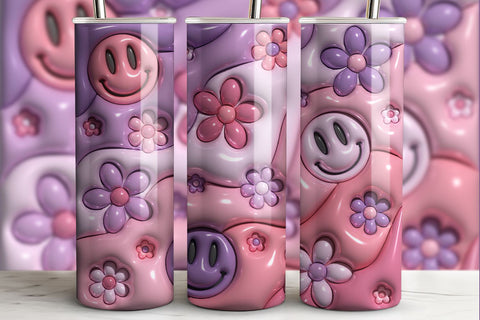 3D Inflated Puff Tumbler Wrap | 3D Floral Smiley PNG Sublimation B Renee Design 