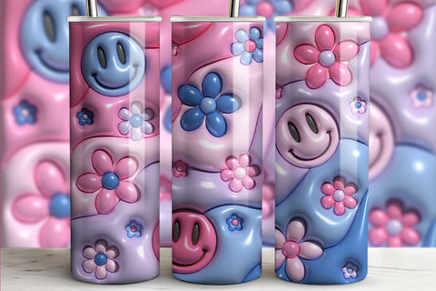 3D Inflated Puff Tumbler Wrap | 3D Floral Smiley PNG Sublimation B Renee Design 