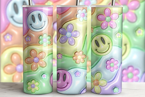 3D Inflated Puff Tumbler Wrap | Pastel Floral Smiley PNG Sublimation B Renee Design 