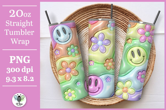 3D Inflated Puff Tumbler Wrap | Pastel Floral Smiley PNG Sublimation B Renee Design 