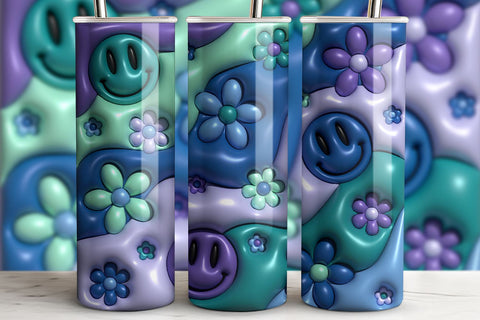3D Inflated Puff Tumbler Wrap | Retro Floral Smiley PNG Sublimation B Renee Design 