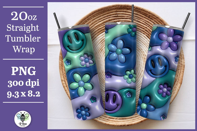 3D Inflated Puff Tumbler Wrap | Retro Floral Smiley PNG Sublimation B Renee Design 