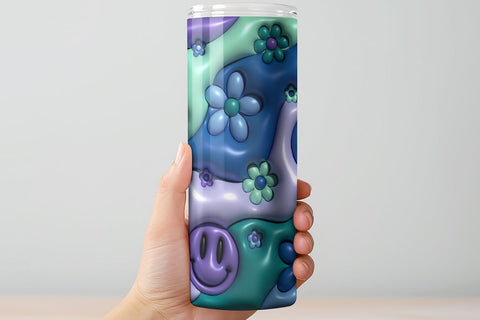 3D Inflated Puff Tumbler Wrap | Retro Floral Smiley PNG Sublimation B Renee Design 