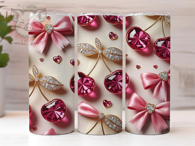3D Inflated Rhinestone Cherry 20oz Tumbler, Inflated Style, Pink Coquette, Cherry Bow, 20oz Wrap, Sublimation Design, PNG File Sublimation Lara' s Designs 