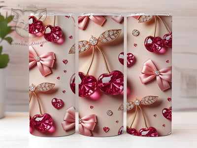 3D Inflated Rhinestone Cherry 20oz Tumbler, Inflated Style, Pink Coquette, Cherry Bow, 20oz Wrap, Sublimation Design, PNG File Sublimation Lara' s Designs 