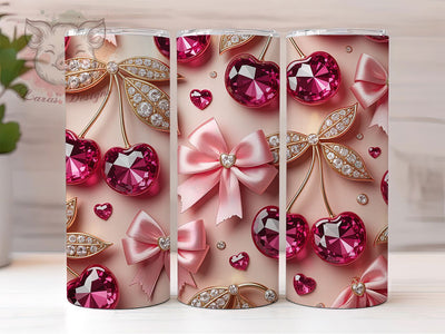 3D Inflated Rhinestone Cherry 20oz Tumbler, Inflated Style, Pink Coquette, Cherry Bow, 20oz Wrap, Sublimation Design, PNG File Sublimation Lara' s Designs 
