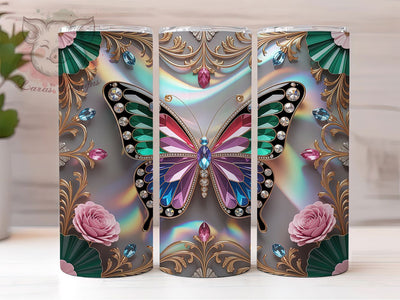 3D Jewel Flower Butterfly 20oz Tumbler, Jewel Flower Cup Wrap, Elegant Butterfly Design, Sublimation Tumbler Wrap, 20Oz Tumbler Design, Sparkling Floral Cup, Artistic Butterfly Jewel Wrap Sublimation Lara' s Designs 