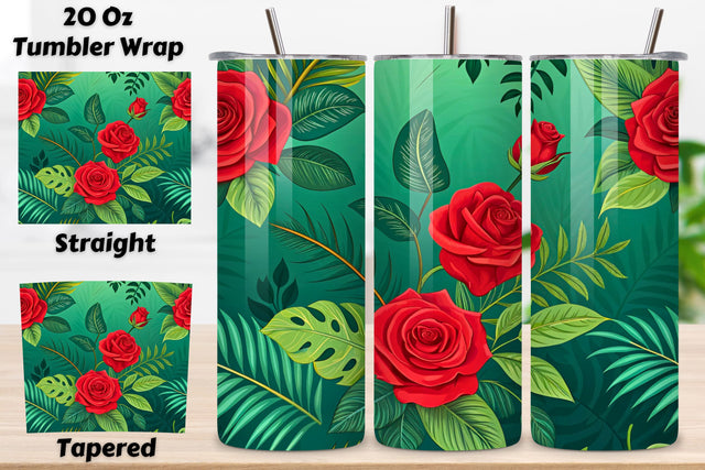 3D Jungle Rose Seamless Tumbler Wrap, Bright Red and Green Roses with Tropical Leaves, seamless tumbler wrap, jungle rose design, bright floral wrap, red green roses, watercolor jungle design, 20oz skinny tumbler Sublimation FloridPrintables 