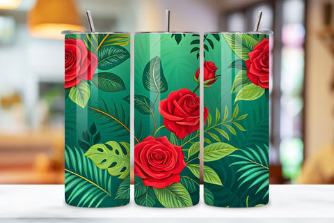 3D Jungle Rose Seamless Tumbler Wrap, Bright Red and Green Roses with Tropical Leaves, seamless tumbler wrap, jungle rose design, bright floral wrap, red green roses, watercolor jungle design, 20oz skinny tumbler Sublimation FloridPrintables 