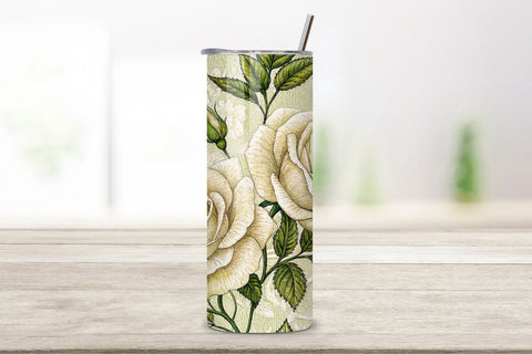 3D Lace Embroidery Rose Seamless Tumbler Wrap – White Roses with Delicate Stitching Sublimation FloridPrintables 