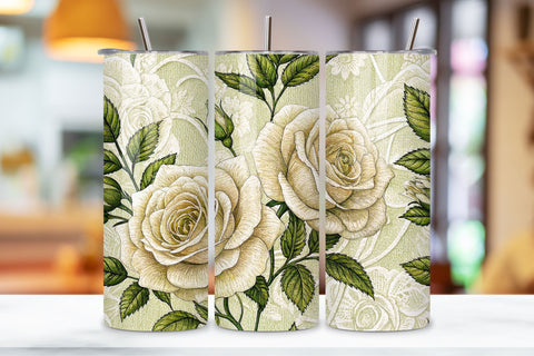 3D Lace Embroidery Rose Seamless Tumbler Wrap – White Roses with Delicate Stitching Sublimation FloridPrintables 