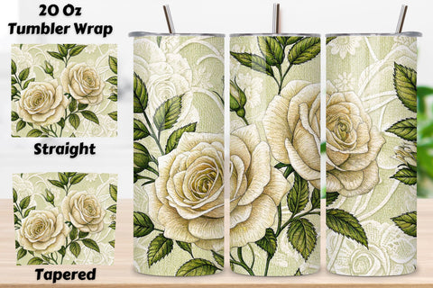 3D Lace Embroidery Rose Seamless Tumbler Wrap – White Roses with Delicate Stitching Sublimation FloridPrintables 