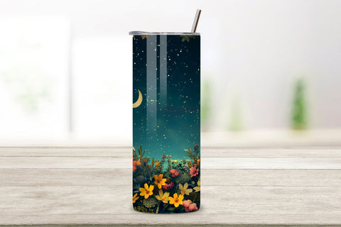 3D Landscape Tumbler Spring Floral, Spring Bloom Night Sky, Seamless Spring Wildflowers Field Watercolour 20 oz Skinny Tumbler Wrap For Sublimation | Spring Delicate Wildflowers Landscape Watercolour Sublimation FloridPrintables 