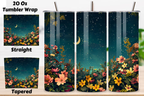 3D Landscape Tumbler Spring Floral, Spring Bloom Night Sky, Seamless Spring Wildflowers Field Watercolour 20 oz Skinny Tumbler Wrap For Sublimation | Spring Delicate Wildflowers Landscape Watercolour Sublimation FloridPrintables 