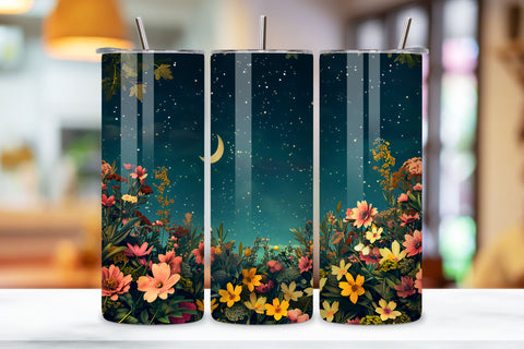 3D Landscape Tumbler Spring Floral, Spring Bloom Night Sky, Seamless Spring Wildflowers Field Watercolour 20 oz Skinny Tumbler Wrap For Sublimation | Spring Delicate Wildflowers Landscape Watercolour Sublimation FloridPrintables 