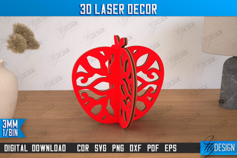 3D Laser Décor | Apple Shape | Wooden Decorative Figurine | Home Decor | CNC File SVG Fly Design 