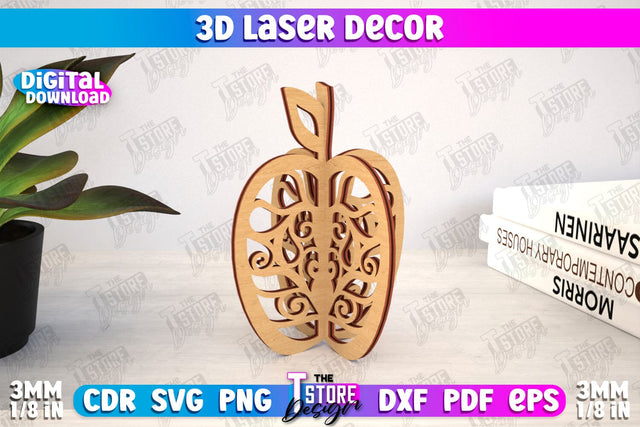 3D Laser Décor | Apple Shape | Wooden Decorative Figurine | Home Decor | CNC File SVG The T Store Design 