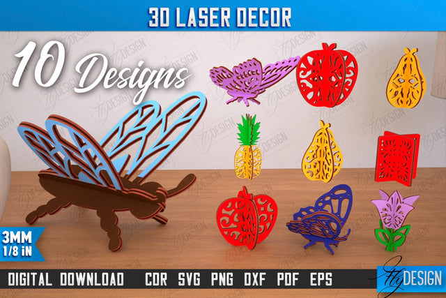 3D Laser Décor Bundle | Natural Design | Wooden Decorative Figurine | Home Decor | CNC Files SVG Fly Design 