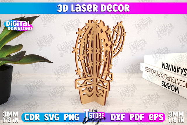 3D Laser Décor | Cactus Shape | Wooden Decorative Figurine | Home Decor | CNC File SVG The T Store Design 