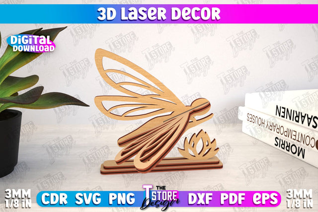 3D Laser Décor | Dragonfly Shape | Wooden Decorative Figurine | Home Decor | CNC File SVG The T Store Design 