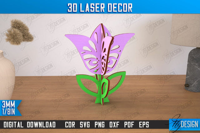 3D Laser Décor | Flower Shape | Wooden Decorative Figurine | Home Decor | CNC File SVG Fly Design 