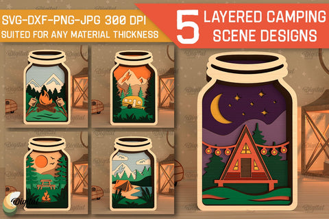 3D Layered Camping Scene SVG Bundle. Camping Scene Laser Cut SVG Evgenyia Guschina 