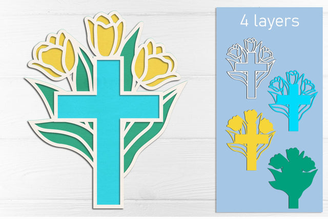 3d Layered cross with tulip flowers, Laser cut Christian cross svg SVG AnastasiyaArtDesign 