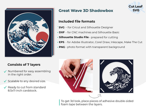 3d Layered Wave svg, 3d svg, Japanese svg, Shadow box svg, laser cut files, cnc files for wood, japanese wave svg, ocean svg 3D Paper CutLeafSvg 