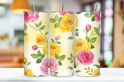 3D Lemonade Rose Seamless Tumbler Wrap, Bright Yellow and Pink Roses, seamless tumbler wrap, lemonade rose design, bright floral wrap, yellow pink roses, watercolor lemonade design, 20oz skinny tumbler, tapered tumbler wrap Sublimation FloridPrintables 