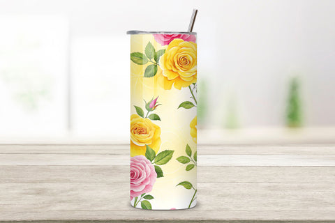 3D Lemonade Rose Seamless Tumbler Wrap, Bright Yellow and Pink Roses, seamless tumbler wrap, lemonade rose design, bright floral wrap, yellow pink roses, watercolor lemonade design, 20oz skinny tumbler, tapered tumbler wrap Sublimation FloridPrintables 