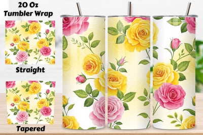 3D Lemonade Rose Seamless Tumbler Wrap, Bright Yellow and Pink Roses, seamless tumbler wrap, lemonade rose design, bright floral wrap, yellow pink roses, watercolor lemonade design, 20oz skinny tumbler, tapered tumbler wrap Sublimation FloridPrintables 
