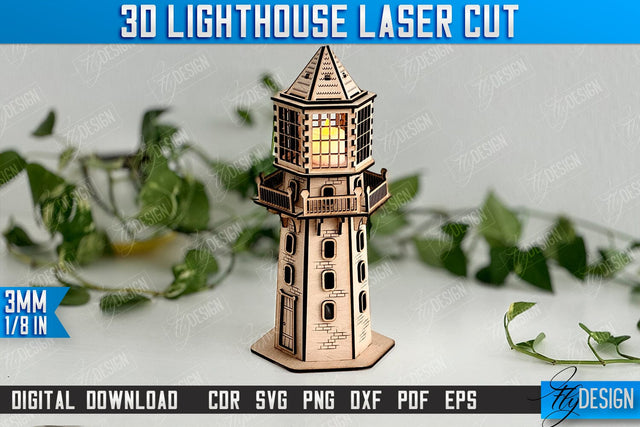 3D Lighthouse Laser Cut | Tower Model | Marine Design | CNC File SVG Fly Design 