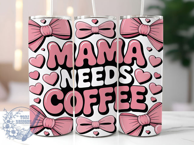 3D Mama Needs Coffee Pink Tumbler, 3D Inflated Sublimation Design, Pink Coquette Bows Art, 20oz Mom Tumbler, Whimsical Coffee Mug, Stylish Mom Cup, Bold 3D Wrap Sublimation ToriDesigns 