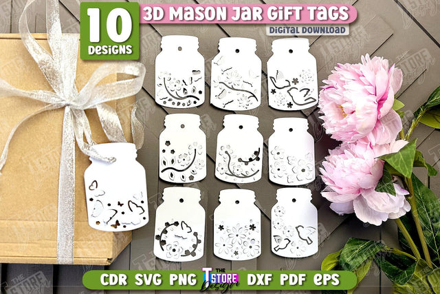 3D Mason Jar Gift Tags Bundle | Paper Jar Gift Tags | Holiday Jar Gift Tags | SVG Files SVG The T Store Design 