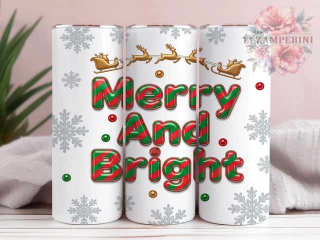3D Merry & Bright Christmas Tumbler, Inflated Christmas Wrap, 20Oz Skinny Tumbler, Holiday Sublimation Design, Puffy Letter Christmas Tumbler, Festive Quote Wrap, Bright Holiday Tumbler Sublimation Li Zamperini 