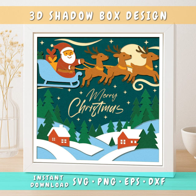 3D Merry Christmas Shadow Box SVG, Christmas Light Box Cricut File, Flying Reindeer Papercut, Santa Sleigh Shadow Box SVG SVG HappyDesignStudio 